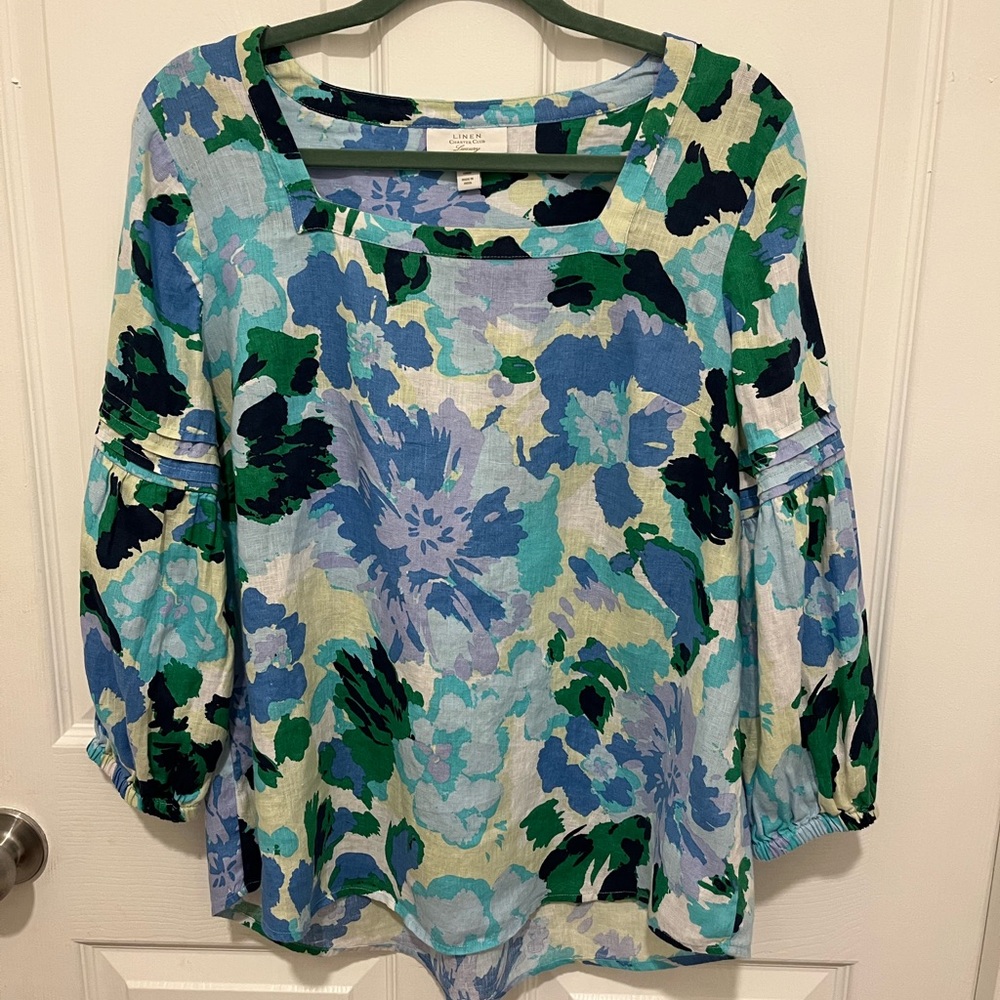NWOT Charter Club Women's 100% Linen Printed Square-Neck Top, Size M - Picture 2 of 11
